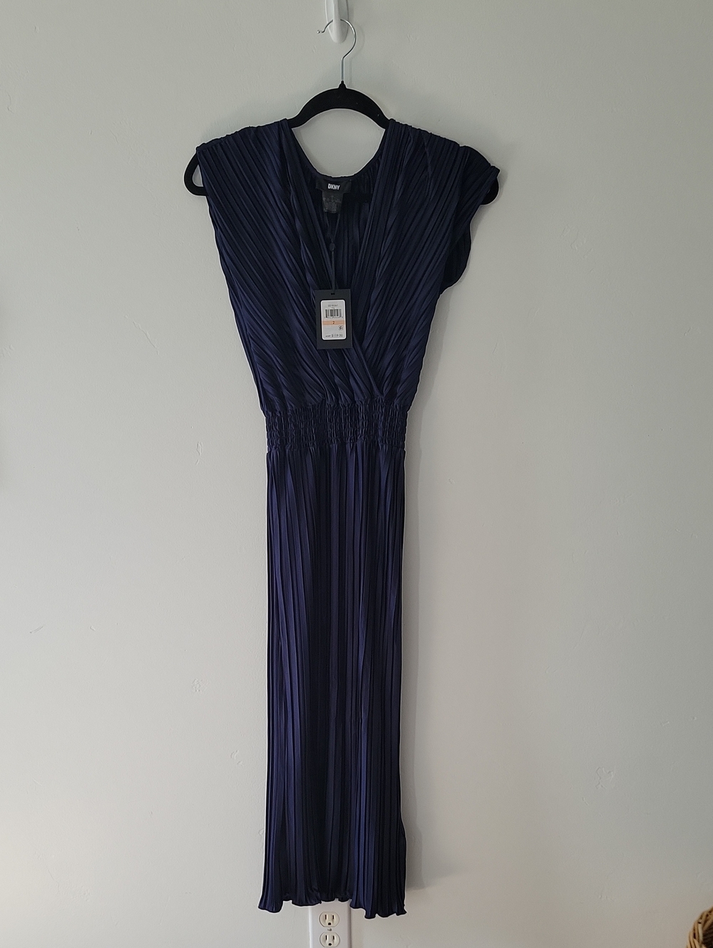 DKNY Navy Pleated Maxi Dress with V-Neck